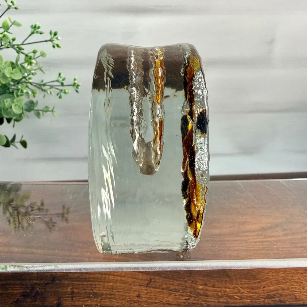 Walther Glas Crystal Bud Vase Amber Floral Relief West Germany